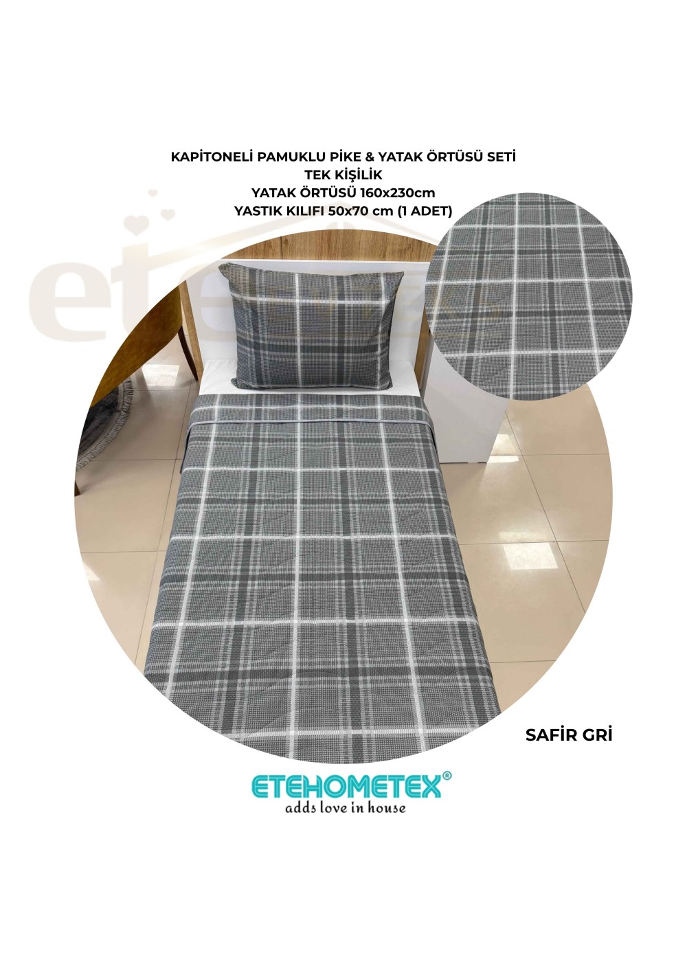 ETEHOMETEX Pamuklu Kapitoneli Yatak Örtüsü Seti TEK KİŞİLİK SAFİR GRİ 8696474232104